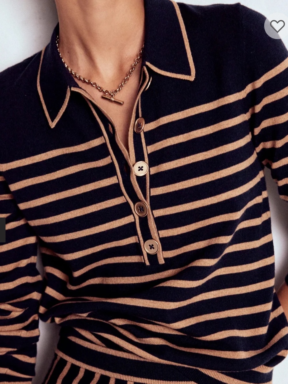 Boden NWT Liz Henley Navy and Tan Striped V‑Neck Polo Cotton Wool Blend Sweater